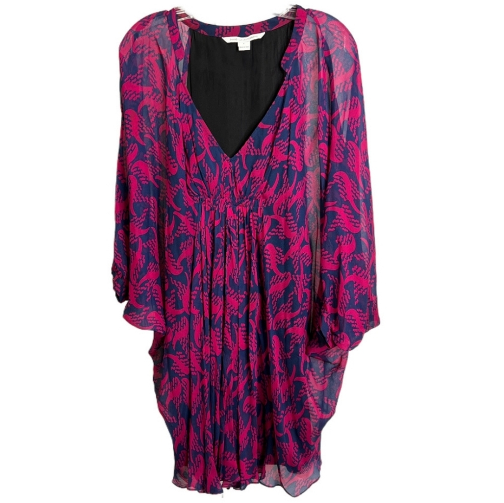 Diane von Furstenberg Women's Fleurette  Dress Navy Flowy V-Neck Silk Size 6